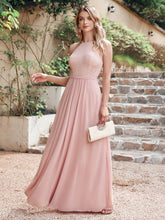 Long A Line Halter Floor Length Floral Lace Chiffon Evening Dress