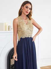 Long A Line Halter Gold Appliques Chiffon Wedding Party Dress