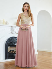 Long A Line Halter Gold Appliques Chiffon Wedding Party Dress