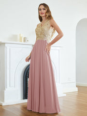Long A Line Halter Gold Appliques Chiffon Wedding Party Dress