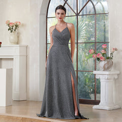 Long A-line Halter V-Neck Side Split Glitter Formal Prom Dresses with Pocket