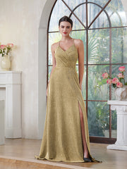 Long A-line Halter V-Neck Side Split Glitter Formal Prom Dresses with Pocket