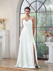 Long A-line Halter V-Neck Side Split Glitter Formal Prom Dresses with Pocket