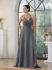 Long A-line Halter V-Neck Side Split Glitter Formal Prom Dresses with Pocket