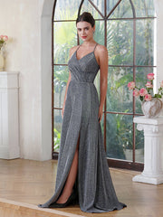 Long A-line Halter V-Neck Side Split Glitter Formal Prom Dresses with Pocket