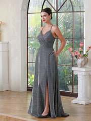 Long A-line Halter V-Neck Side Split Glitter Formal Prom Dresses with Pocket