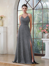 Long A-line Halter V-Neck Side Split Glitter Formal Prom Dresses with Pocket