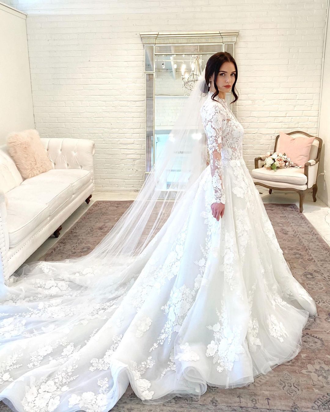Long A-Line High Neck Open Back Wedding Dress with Lace Sleeves