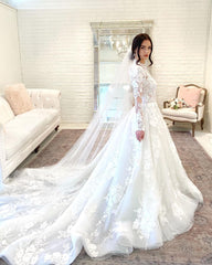 Long A-Line High Neck Open Back Wedding Dress with Lace Sleeves