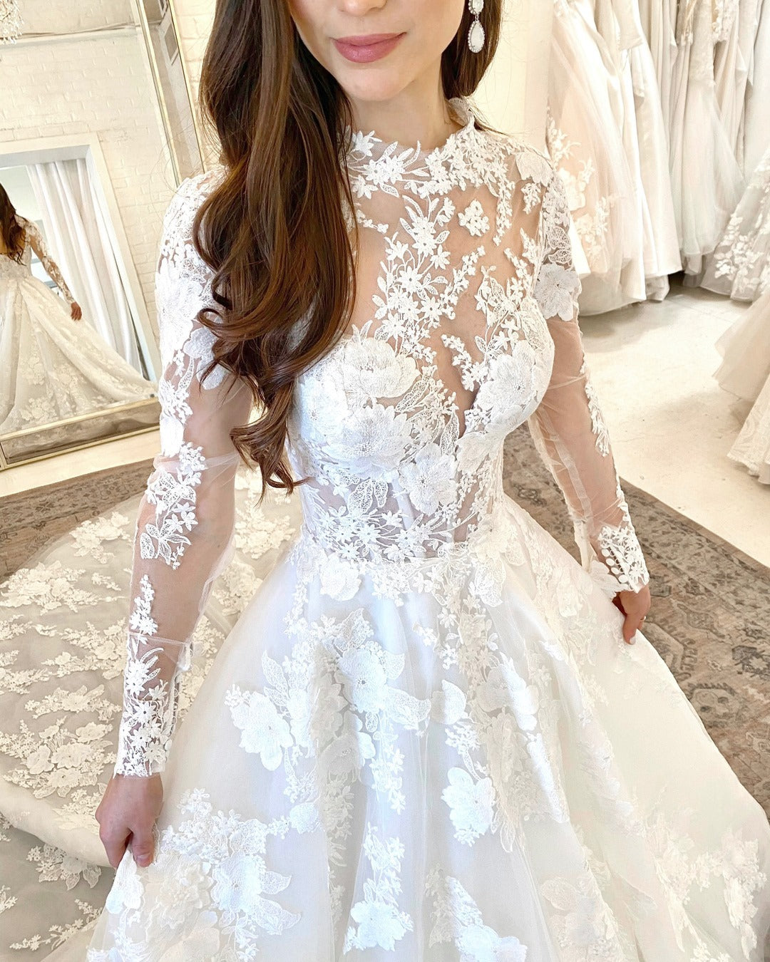 Long A-Line High Neck Open Back Wedding Dress with Lace Sleeves