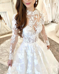 Long A-Line High Neck Open Back Wedding Dress with Lace Sleeves