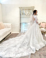 Long A-Line High Neck Open Back Wedding Dress with Lace Sleeves