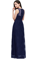 Long A Line Lace V Neck Sleveless Floor Length Evening Dress