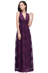 Long A Line Lace V Neck Sleveless Floor Length Evening Dress
