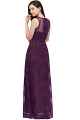 Long A Line Lace V Neck Sleveless Floor Length Evening Dress
