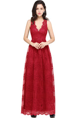 Long A Line Lace V Neck Sleveless Floor Length Evening Dress