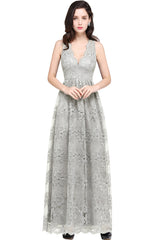 Long A Line Lace V Neck Sleveless Floor Length Evening Dress