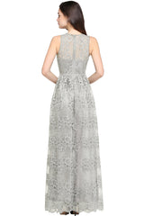 Long A Line Lace V Neck Sleveless Floor Length Evening Dress