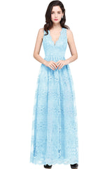 Long A Line Lace V Neck Sleveless Floor Length Evening Dress