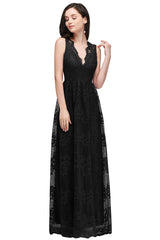 Long A Line Lace V Neck Sleveless Floor Length Evening Dress