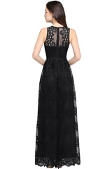 Long A Line Lace V Neck Sleveless Floor Length Evening Dress