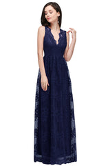 Long A Line Lace V Neck Sleveless Floor Length Evening Dress