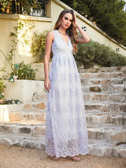 Long A Line Lace V Neck Sleveless Floor Length Evening Dress