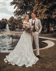 Long A-Line Off-the-Shoulder Wedding Dress with 3D Floral Lace Appliques