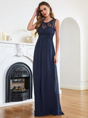 Long A Line Round Neck Chiffon Floor Length Formal Dresses
