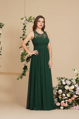 Long Sheath Round neck Chiffon Lace Bridesmaid Dresses-Babyonlines