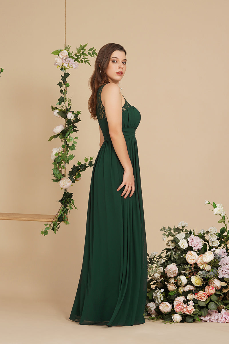 Long Sheath Round neck Chiffon Lace Bridesmaid Dresses-Babyonlines