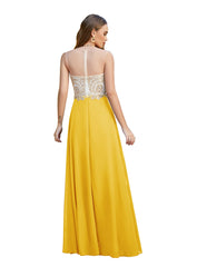 Long A-line Scoop Chiffon Appliques Floor-Length Bridesmaid Dresses