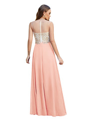 Long A-line Scoop Chiffon Appliques Floor-Length Bridesmaid Dresses