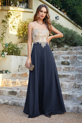 Dark Navy A-line Scoop Chiffon Appliques Floor-Length Dresses Babyonlines 1
