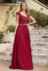 Long A line Scoop Neck Chiffon Floor Length Dress Lace Bridesmaid Dress