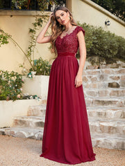 Long A line Scoop Neck Chiffon Floor Length Dress Lace Bridesmaid Dress