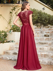 Long A line Scoop Neck Chiffon Floor Length Dress Lace Bridesmaid Dress