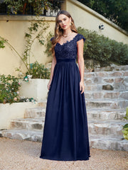 Long A line Scoop Neck Chiffon Floor Length Dress Lace Bridesmaid Dress