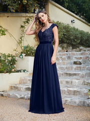 Long A line Scoop Neck Chiffon Floor Length Dress Lace Bridesmaid Dress