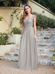 Long A line Scoop Neck Chiffon Floor Length Dress Lace Bridesmaid Dress
