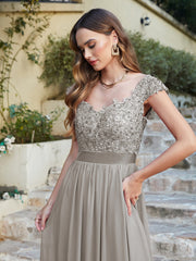 Long A line Scoop Neck Chiffon Floor Length Dress Lace Bridesmaid Dress