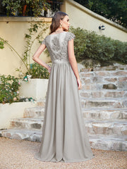 Long A line Scoop Neck Chiffon Floor Length Dress Lace Bridesmaid Dress