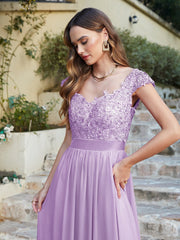 Long A line Scoop Neck Chiffon Floor Length Dress Lace Bridesmaid Dress