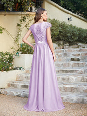 Long A line Scoop Neck Chiffon Floor Length Dress Lace Bridesmaid Dress
