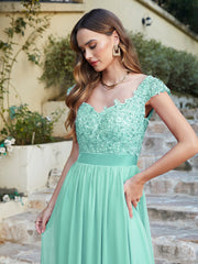 Long A line Scoop Neck Chiffon Floor Length Dress Lace Bridesmaid Dress