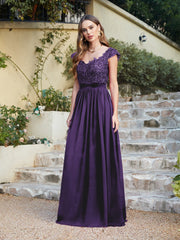 Long A line Scoop Neck Chiffon Floor Length Dress Lace Bridesmaid Dress