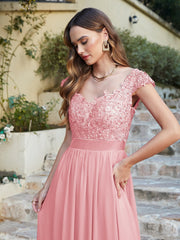 Long A line Scoop Neck Chiffon Floor Length Dress Lace Bridesmaid Dress