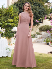 Long A line Sleeveless Scoop Neck Ruffle Chiffon Bridesmaid Dresses
