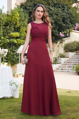 Long A line Sleeveless Scoop Neck Ruffle Chiffon Bridesmaid Dresses