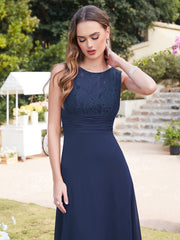 Long A line Sleeveless Scoop Neck Ruffle Chiffon Bridesmaid Dresses
